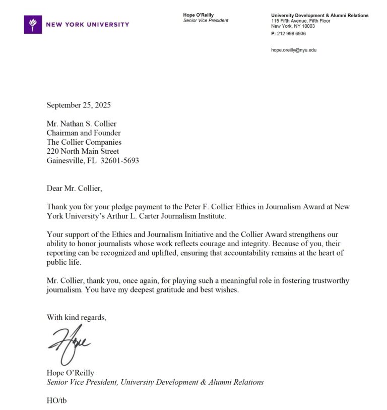 The Collier Companies Supports NYU’s Peter F. Collier Ethics in Journalism Award